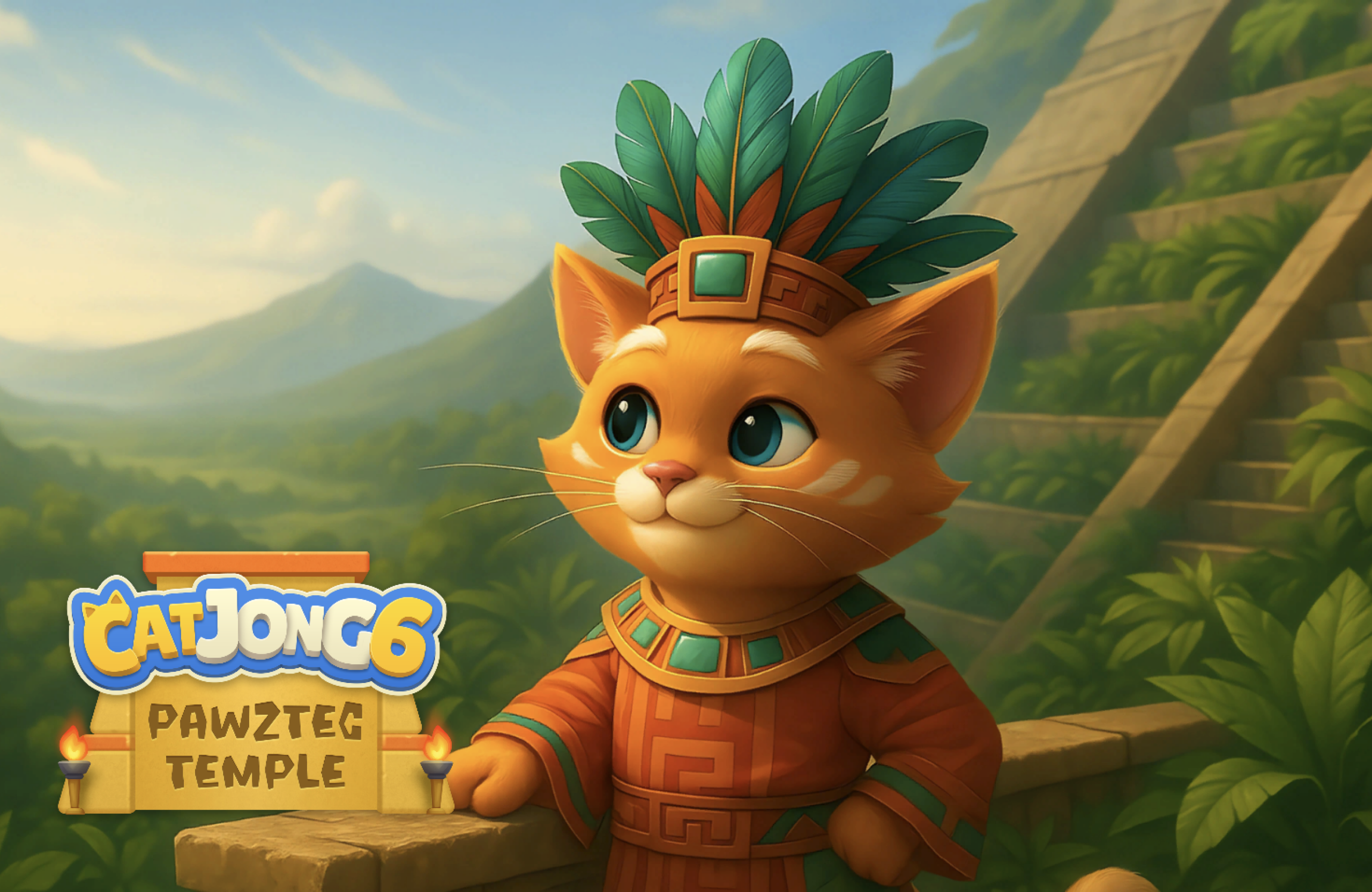 Catjong 6: Pawztec Temple invites you on a cozy mahjong-3 adventure with your playful cat! Solve 200 relaxing levels, unwind in warm ancient-inspired landscapes